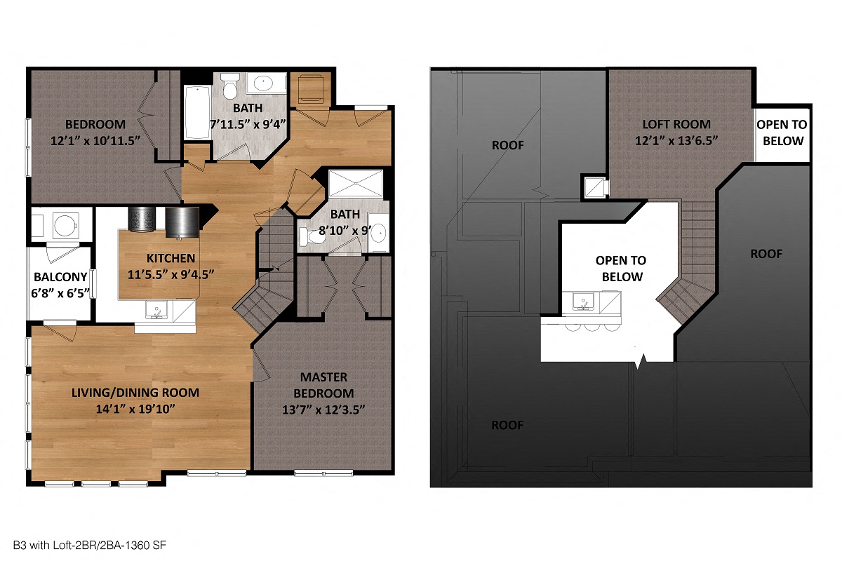 Floor plan for 2 beds, 2 baths, 1360 sqft